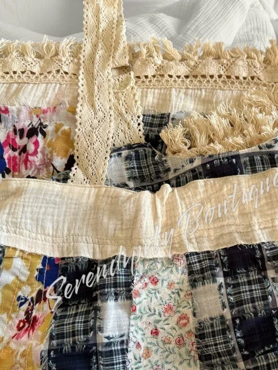 POL Overalls Style 70s Cotton Denim Boho Farm Girl Patchwork Lace Fringe Dress - Picture 9 of 10